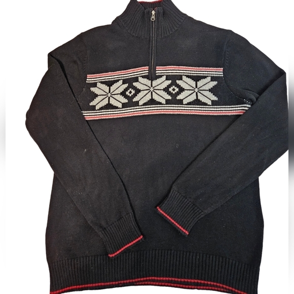 Eddie Bauer Black Nordic Snowflake Fair Isle 1/4 Zip Mock Neck Sweater Large O48 - Picture 1 of 10
